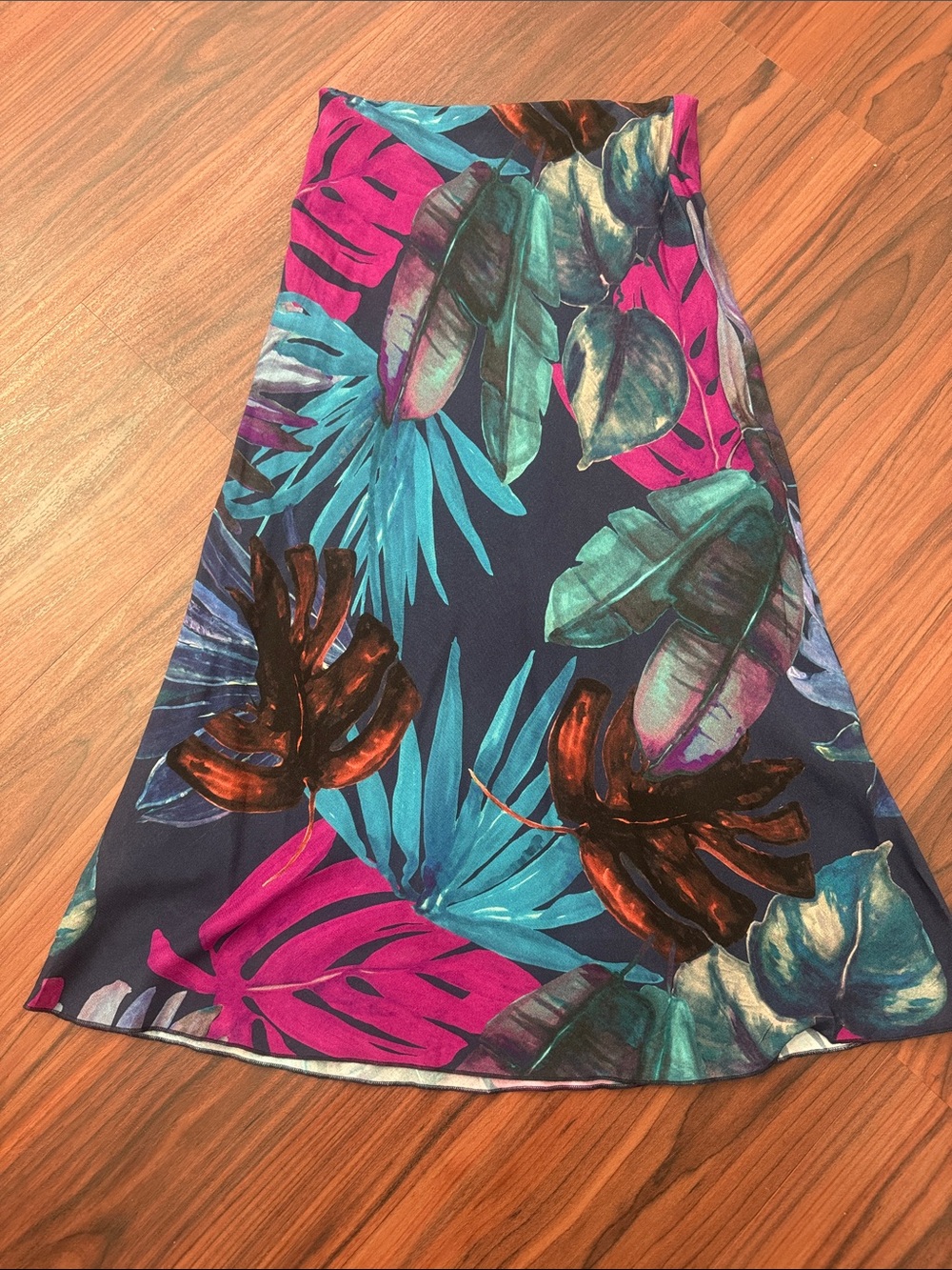 Tropical Print Midi Skirt in Navy with Teal & Fuchsia Leaves